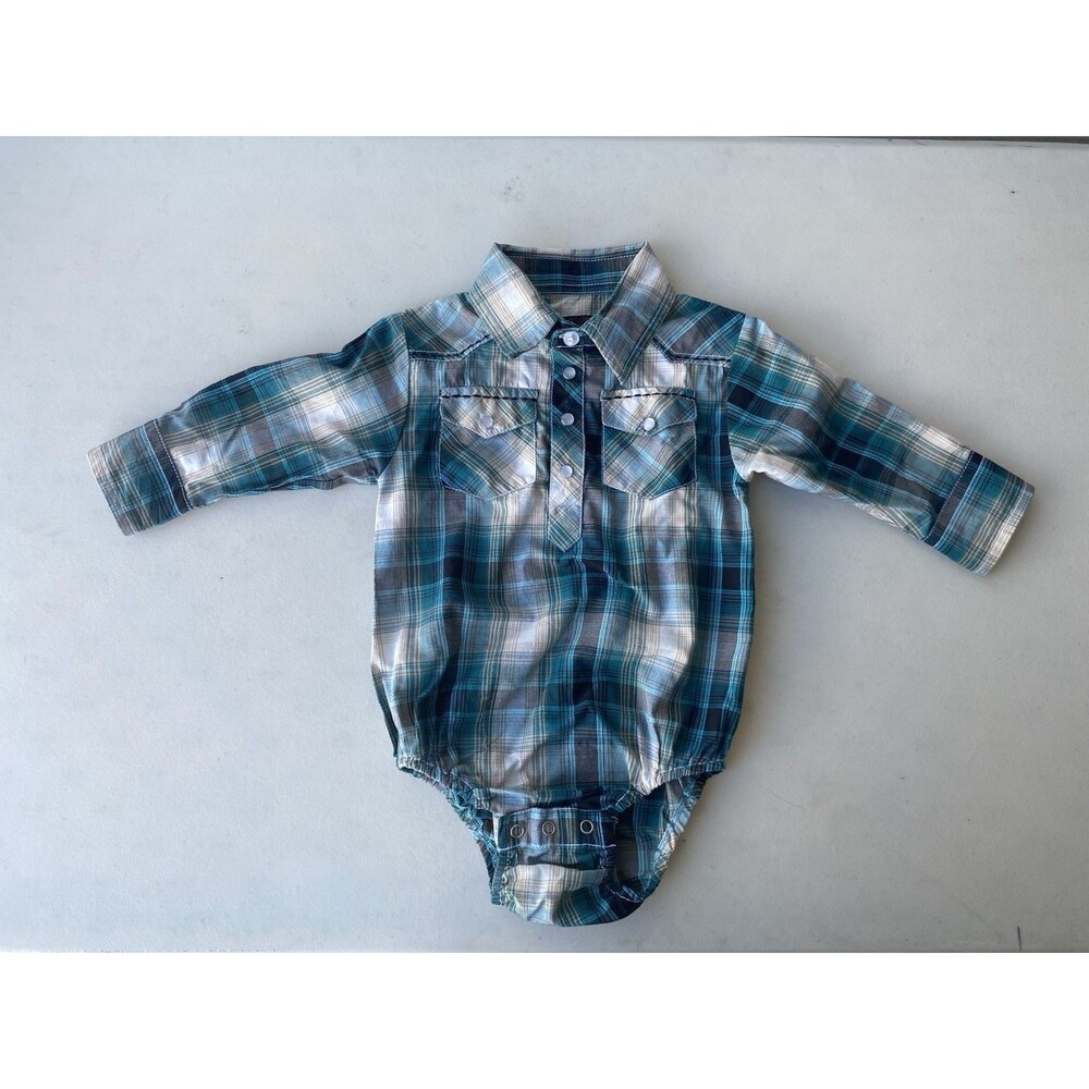 Pintlar Baby Boys Western Plaid Pearl Snap Bodysuit Long Sleeve Shirt Blue 12M